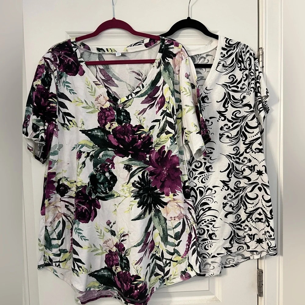 Pair of LuLaRoe v neck t shirts with longer hems. Floral and scroll - Picture 1 of 6